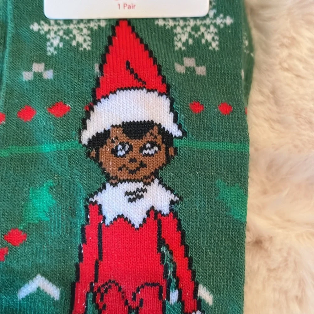 African American The Elf On The Shelf Green Christmas Holiday Crew Socks
